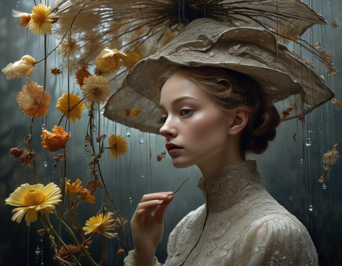 Fashion Model in Symbolic Rainy Composition