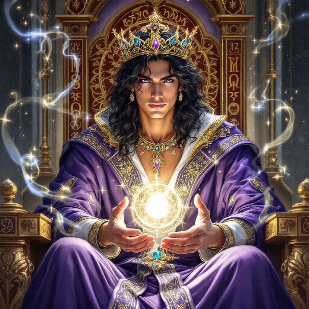 Latino Mage King on Throne in Ethereal Style