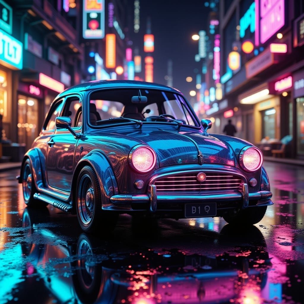 Cyberpunk Streamline Teardrop Car in Neon Cityscape