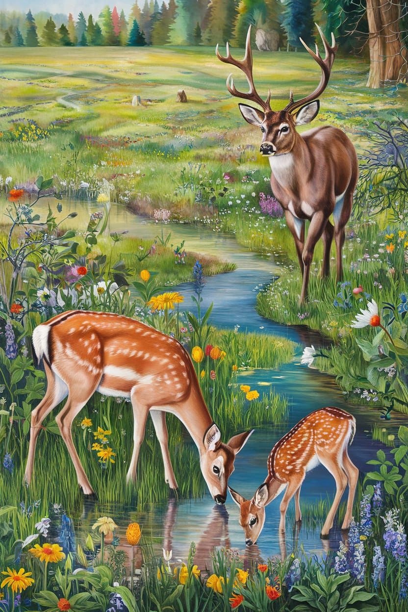 Vibrant Watercolour Meadow with Deer Family