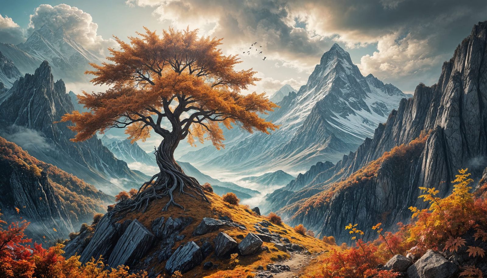 Surreal Autumn Mountain Scene with Windswept Leaves