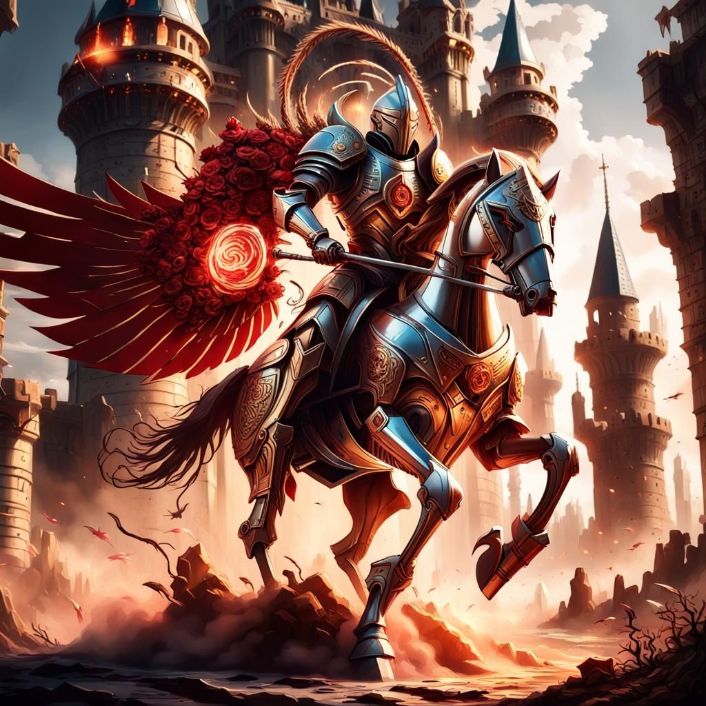 Futuristic Paladin on Robotic Pegasus in Battle