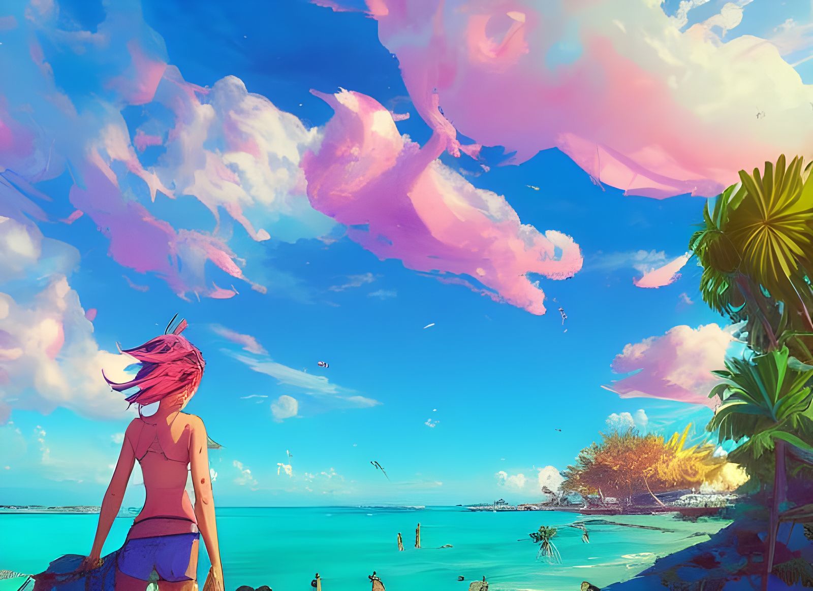 Girls on a Tropical Beach, Digital Illustration