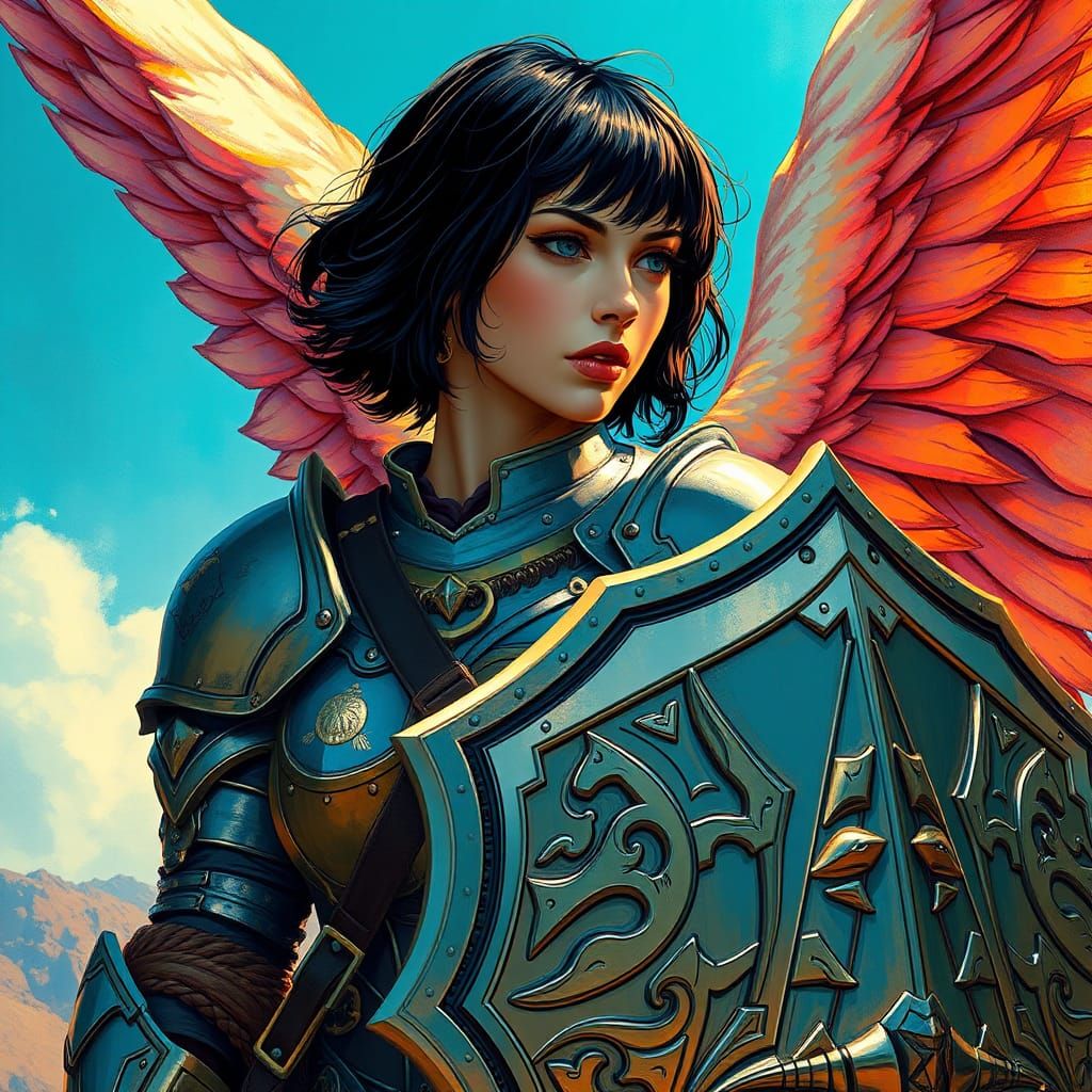 Armored Shieldmaiden with Angel Wings: Retro Comic Art