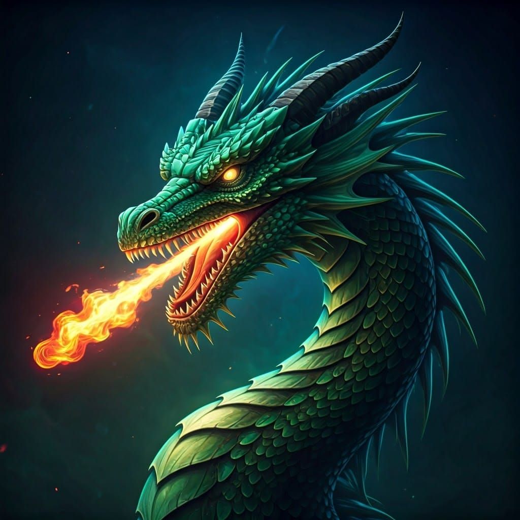 Neon Dragon Breathing Fire, Digital Art