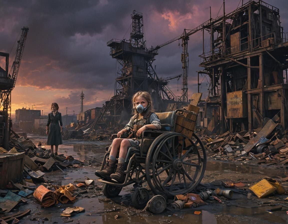 Dieselpunk Girl in Gas Mask by Industrial Port