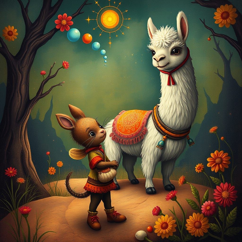 Mystical Creature Discovers Whimsical Llama in Vibrant Dream...