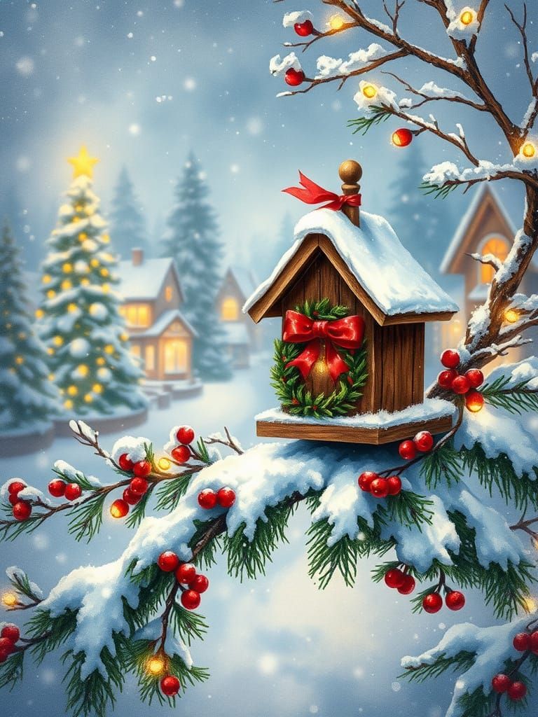 Cozy Winter Birdhouse with Fairy Lights