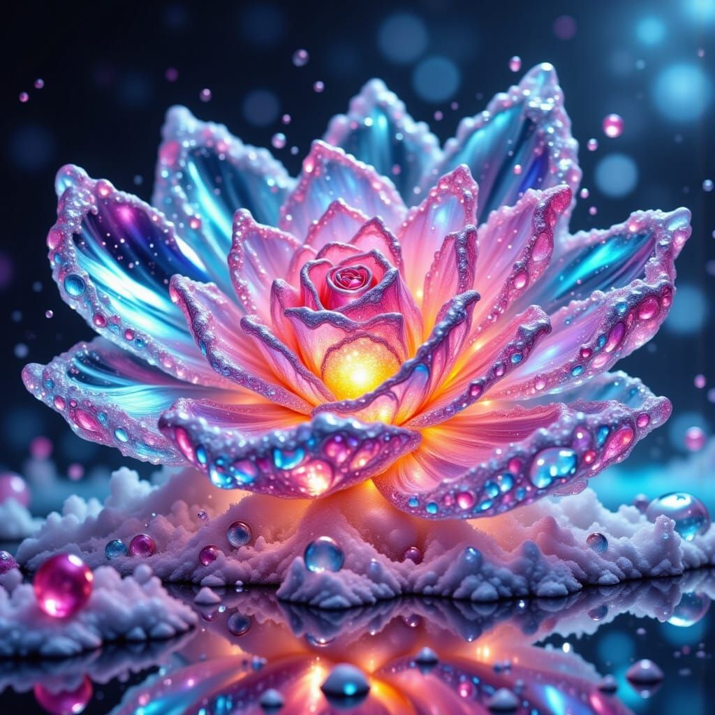 A brightly colored ice/frozen flower made of ice, shiny<lora:CindysAinkflowers:1.0> <lora:Pink imagination flx:1.0>