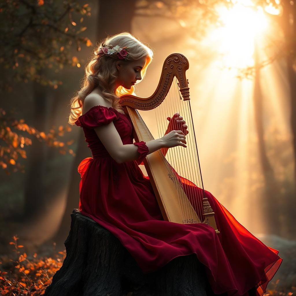 Woman Plays Harp in Forest, Atmospheric Digital Art