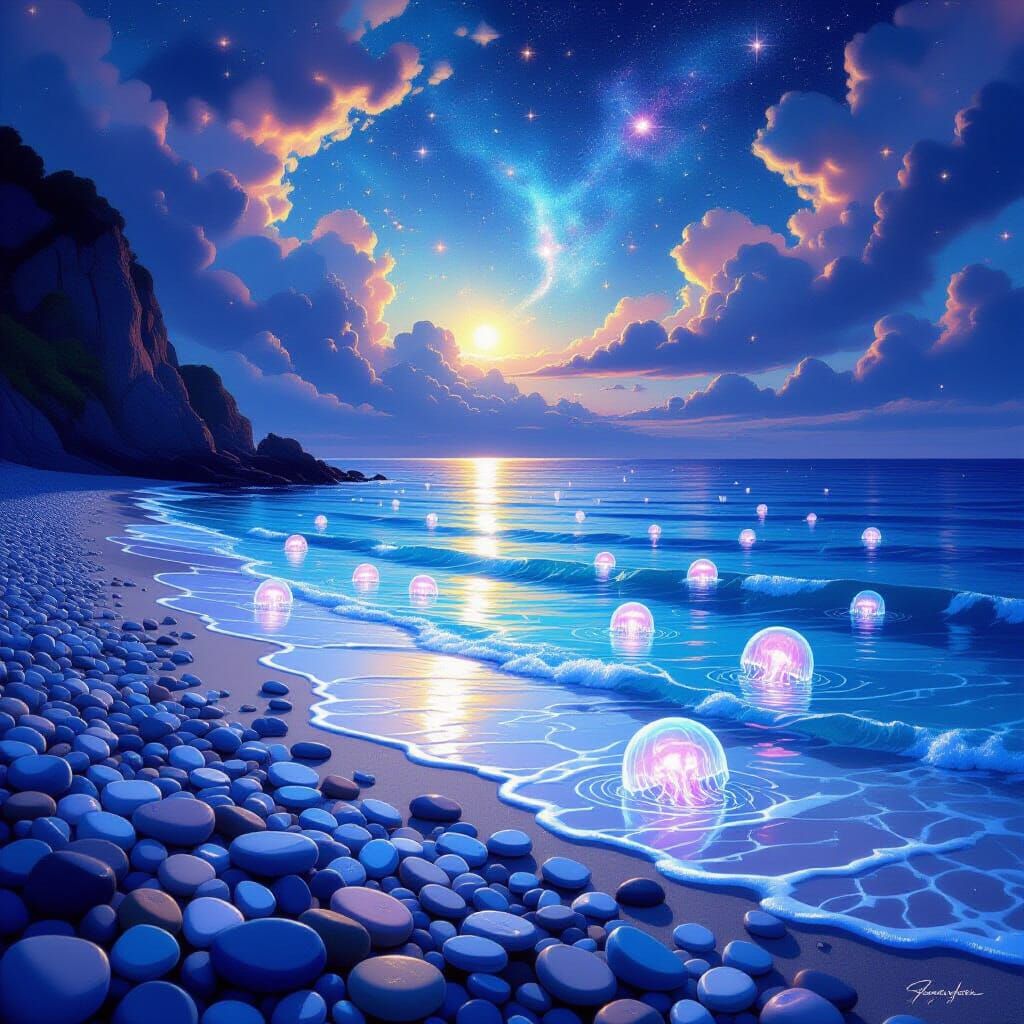 Ethereal Cove with Iridescent Pebbles and Cosmic Sky