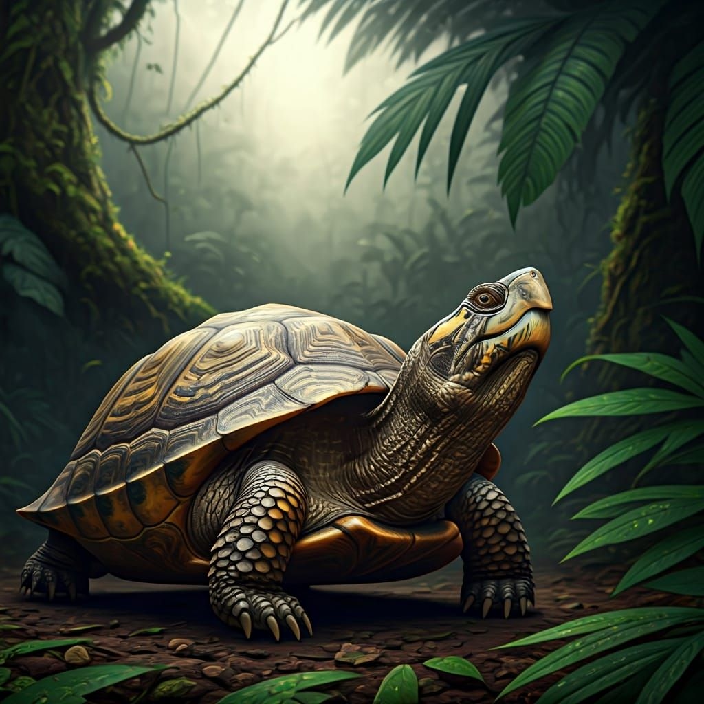 Opera Singing Turtle in Misty Rainforest: Oil Painting
