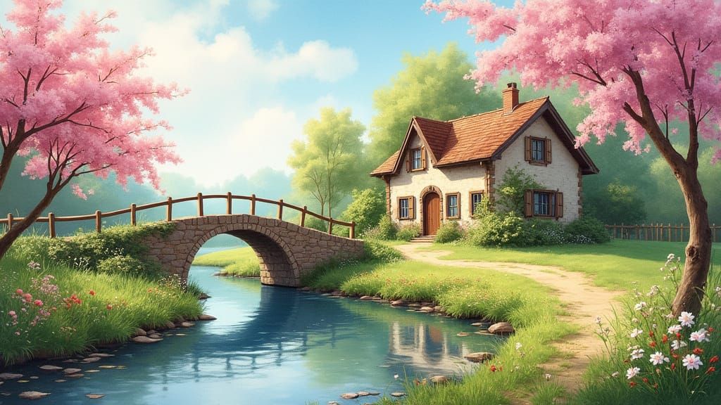 Idyllic Cottage Scene in Watercolor Style
