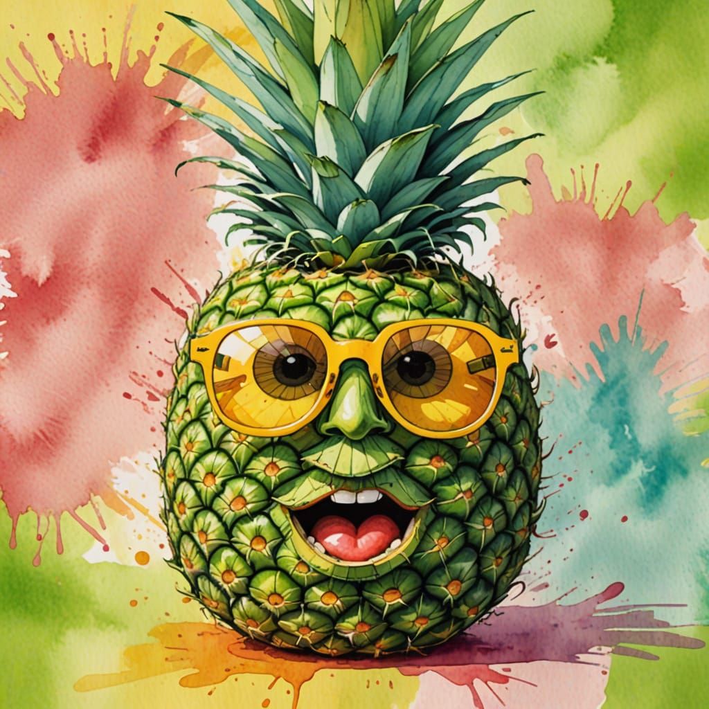 Vibrant Watercolor Pineapple Character in Sunny Scene
