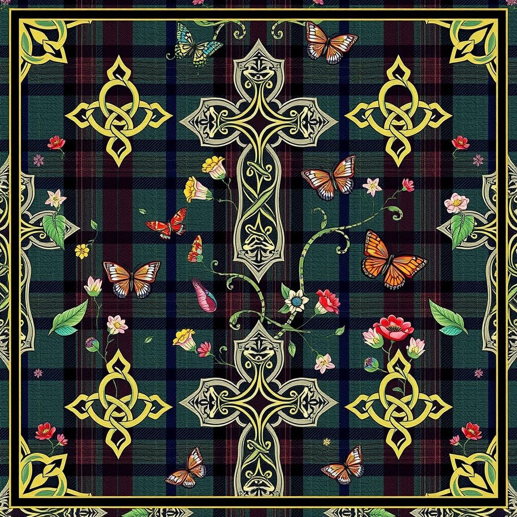 Celtic Inspired Fabric Tile with Ornate Celtic Crosses and P...