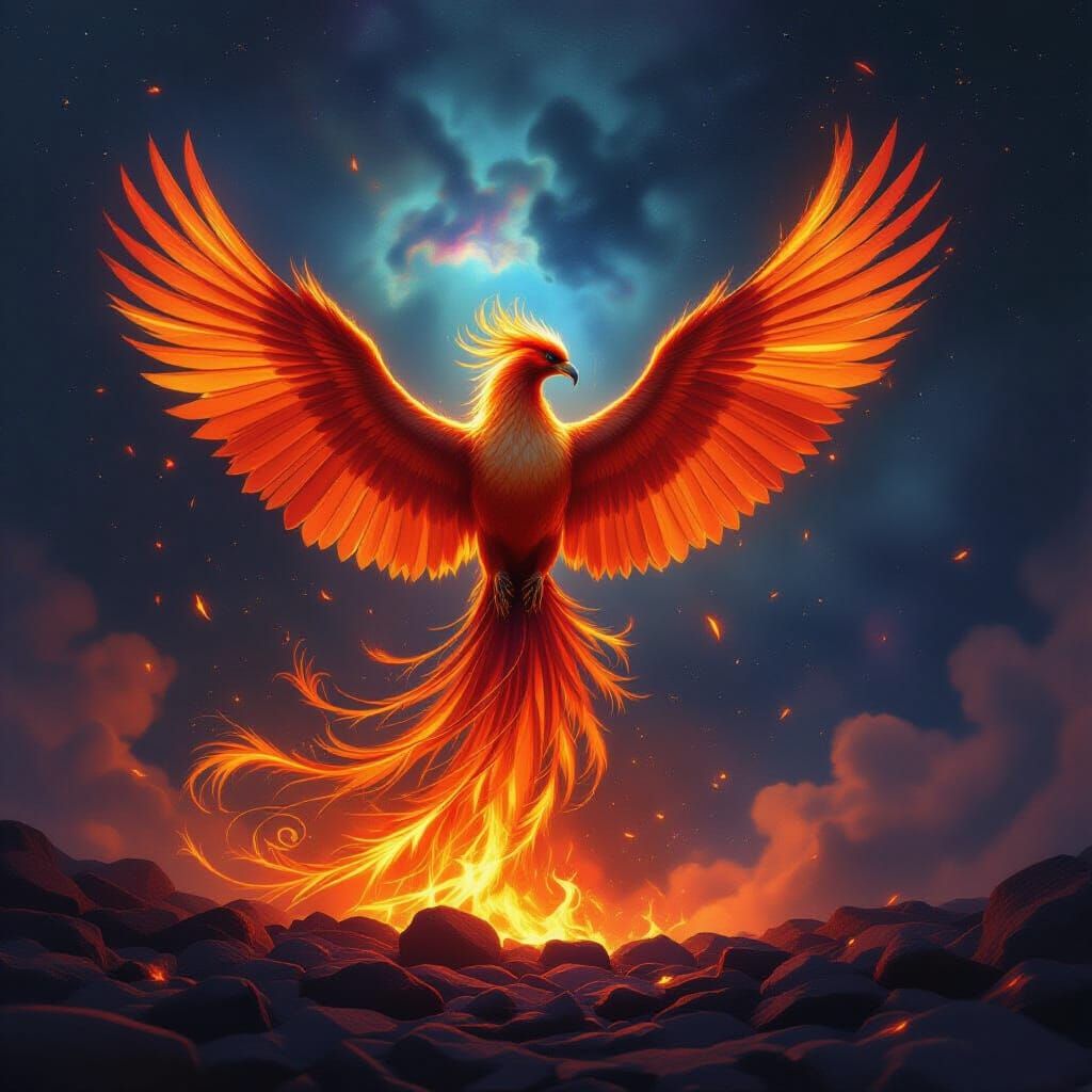 Majestic Phoenix Rises from Embers in Cosmic Nebula