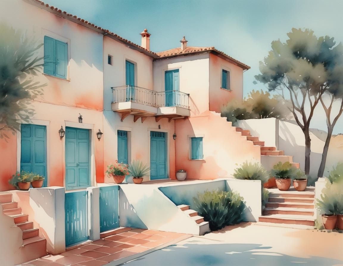 Watercolor Spanish Villa by the Mediterranean Sea