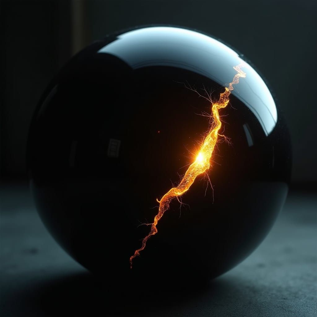 Cracked Black Glass Orb Emitting Golden Light