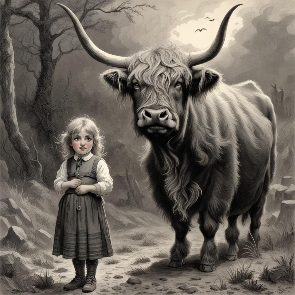 Scottish Girl and Highland Cow in Gothic Horror Style