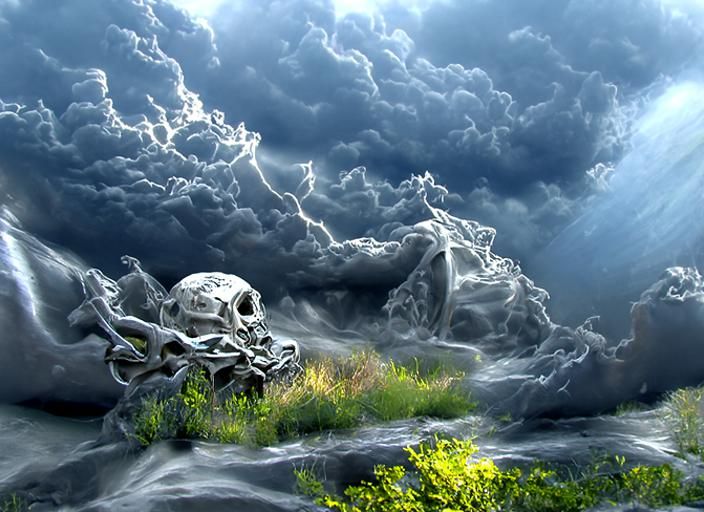 Alien Skull Sculpture in Hyperrealistic Thunderstorm