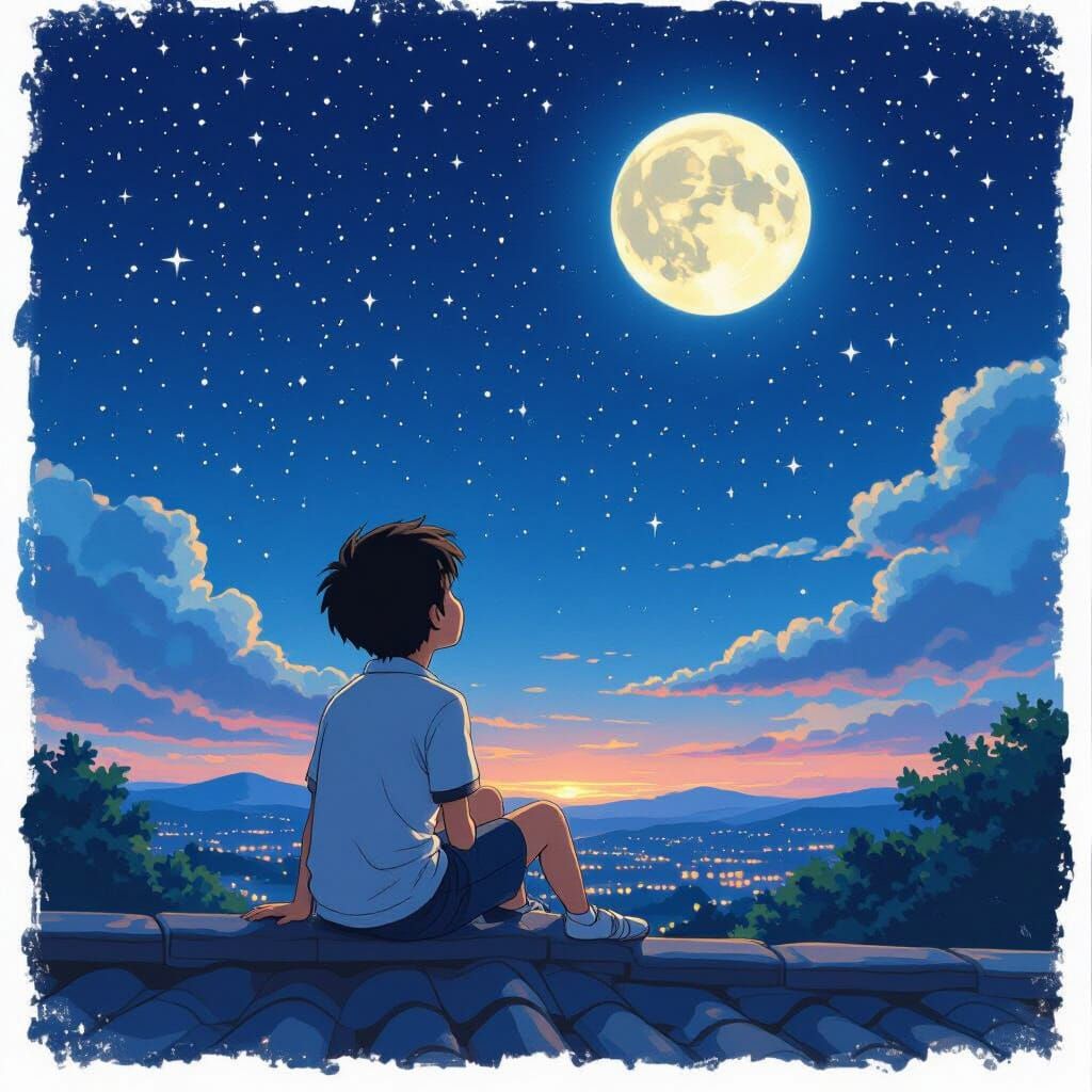Boy Gazing at Starry Sky in Ghibli Style