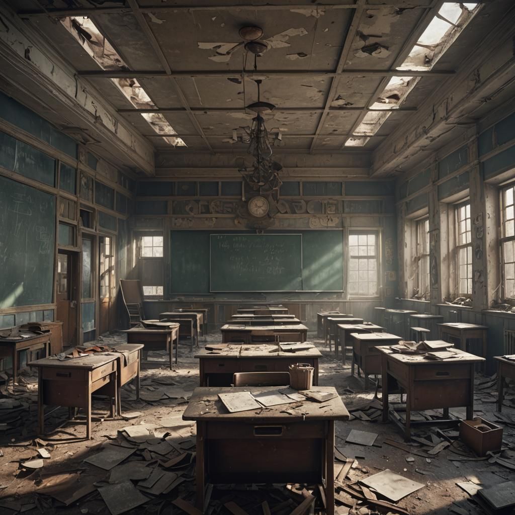 Dilapidated Classroom in Digital Matte Painting Style