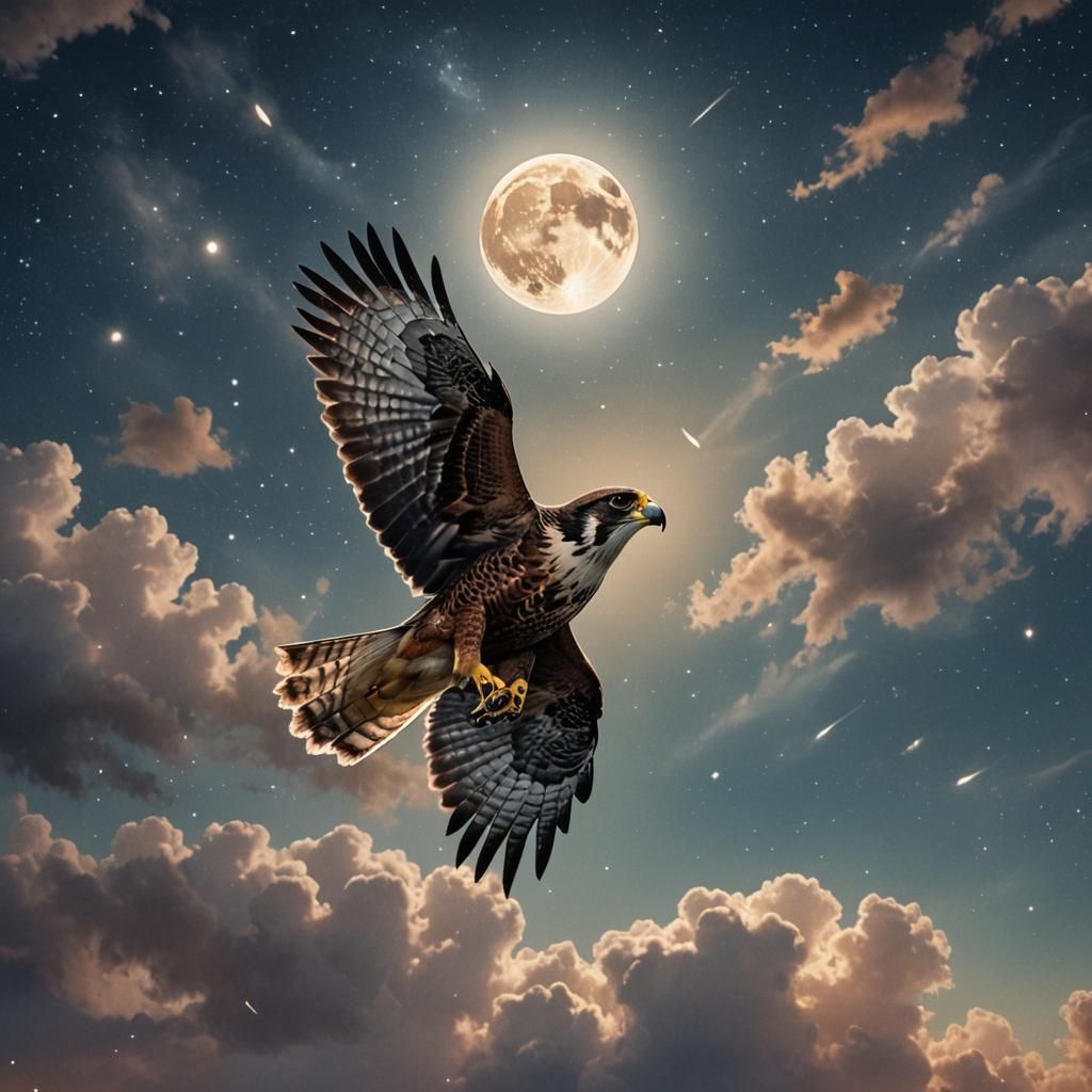 Falcon in Night Sky with Heart Moon Watercolor