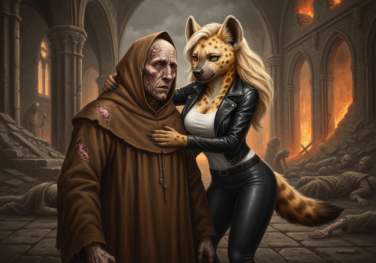 Anthropomorphic Hyena Comforts Leper-Monk in Ruined Monaster...