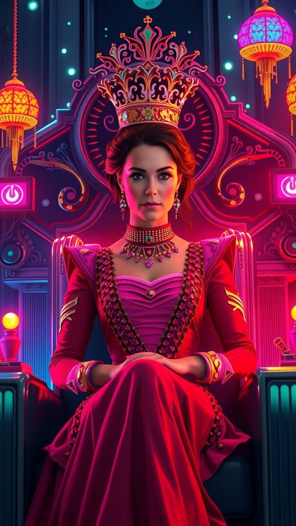 Retro-Futuristic Queen on her Throne in Neon Digital Art