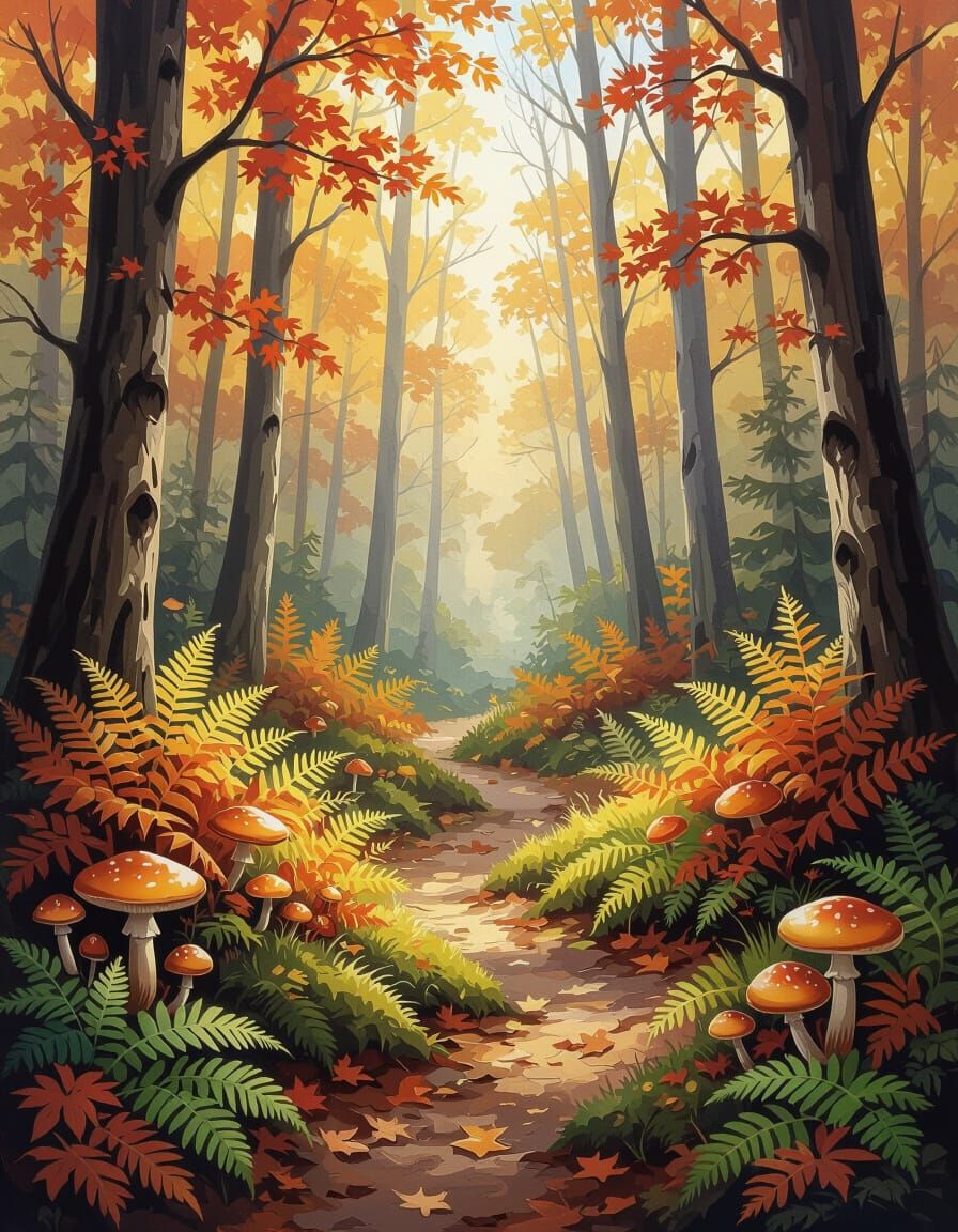 Autumn Forest Path With Mushrooms and Ferns