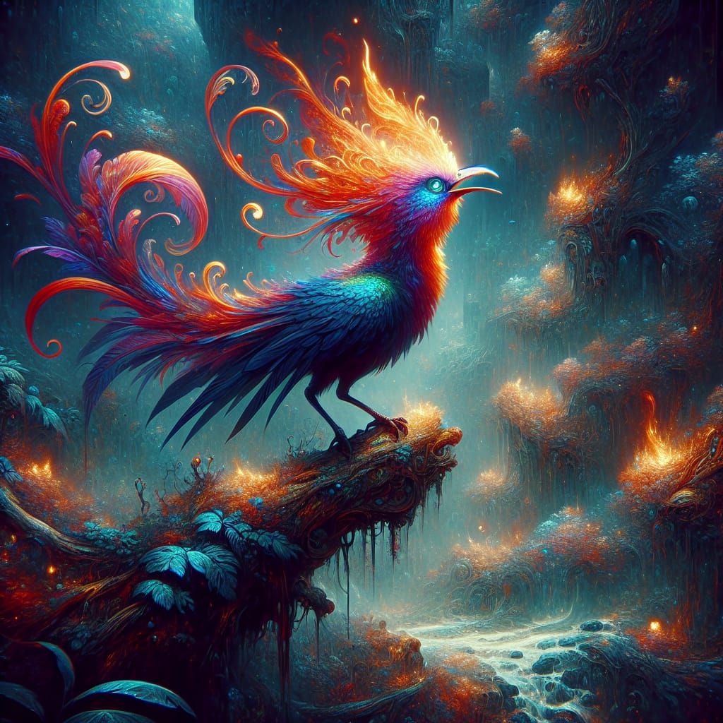 Flamer Bowerbird in Fantasy Matte Painting