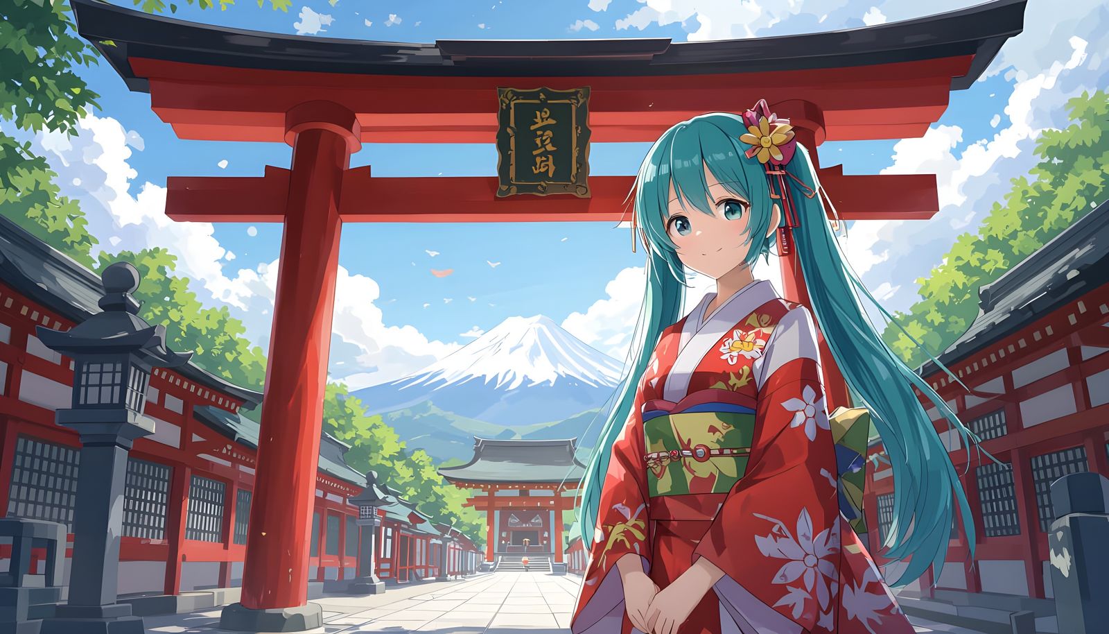 Hatsune Miku as Shrine Maiden in Anime Style