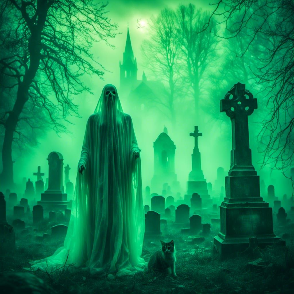 Ghostly Cats Emerge in Ethereal Fauvist Graveyard