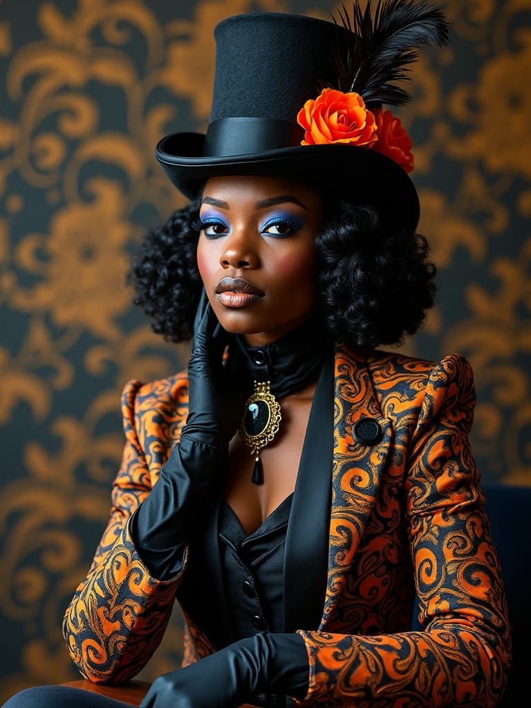 Victorian Woman with Orange Flowers, Surreal Portrait