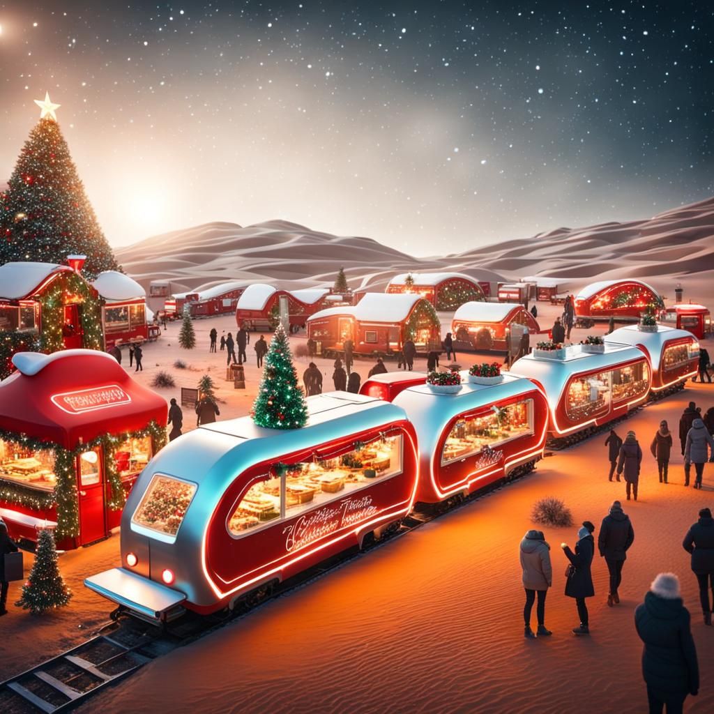 Futuristic Christmas Food Train in Desert Town