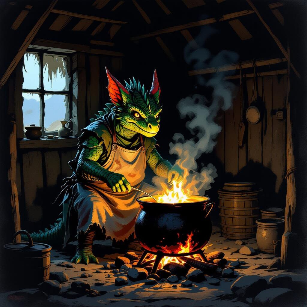 Kobold Chef Stirs Cauldron in Arid Noir Hut