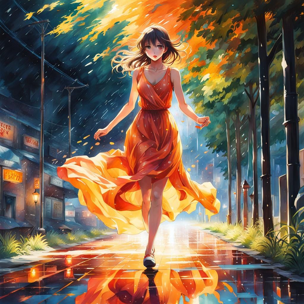 Woman in Silk Dress: Anime-Inspired Splash Art