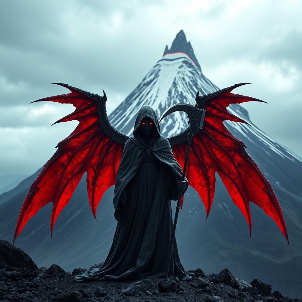 Cloaked Grim Reaper Woman on Volcano Peak