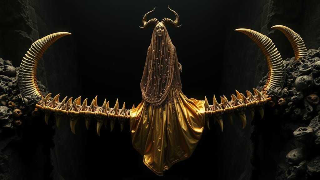 Goddess Walks Bridge of Teeth in Dark Fantasy Style