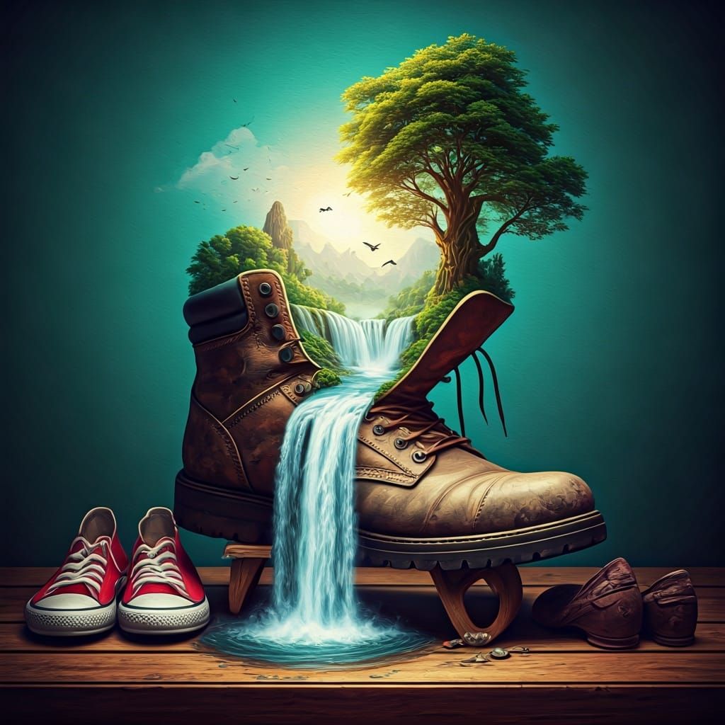 Surreal Hiking Boot Waterfall in Digital Watercolor