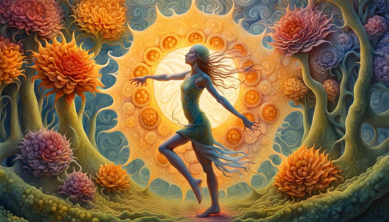 Woman Dancing in Surreal Sun and Moon Flower
