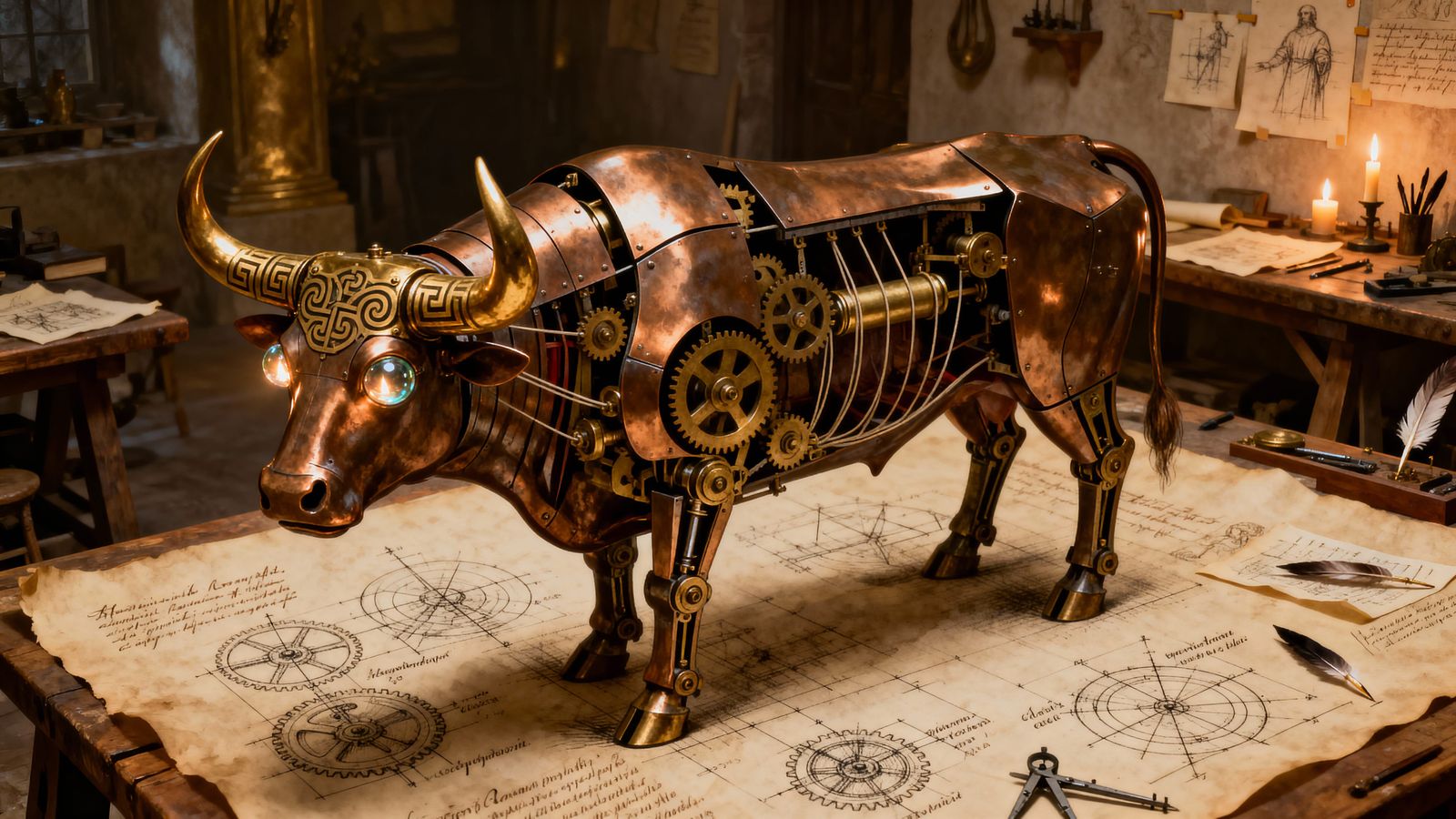 Da Vinci Inspired Mechanical Bull in Renaissance Workshop