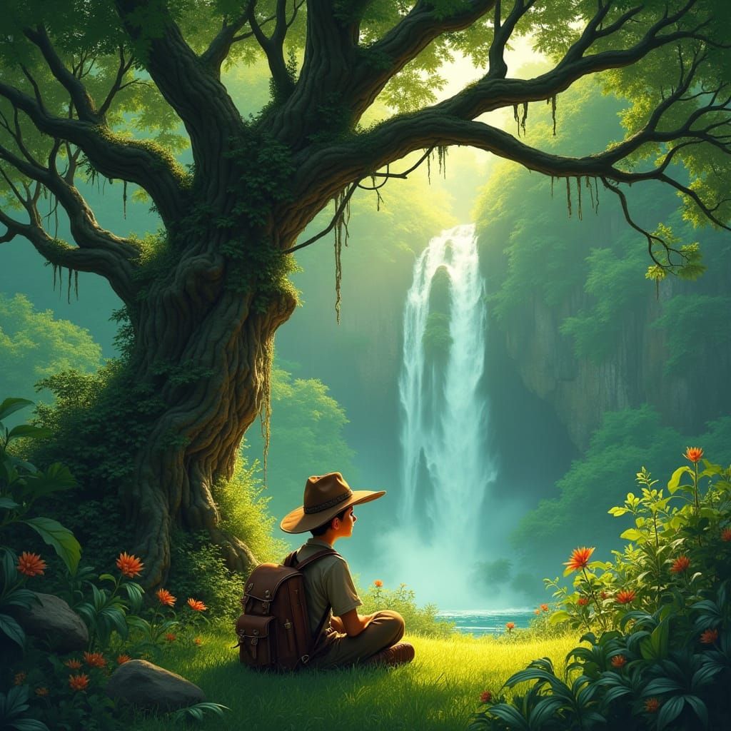Boy Under Majestic Jungle Tree with Waterfall