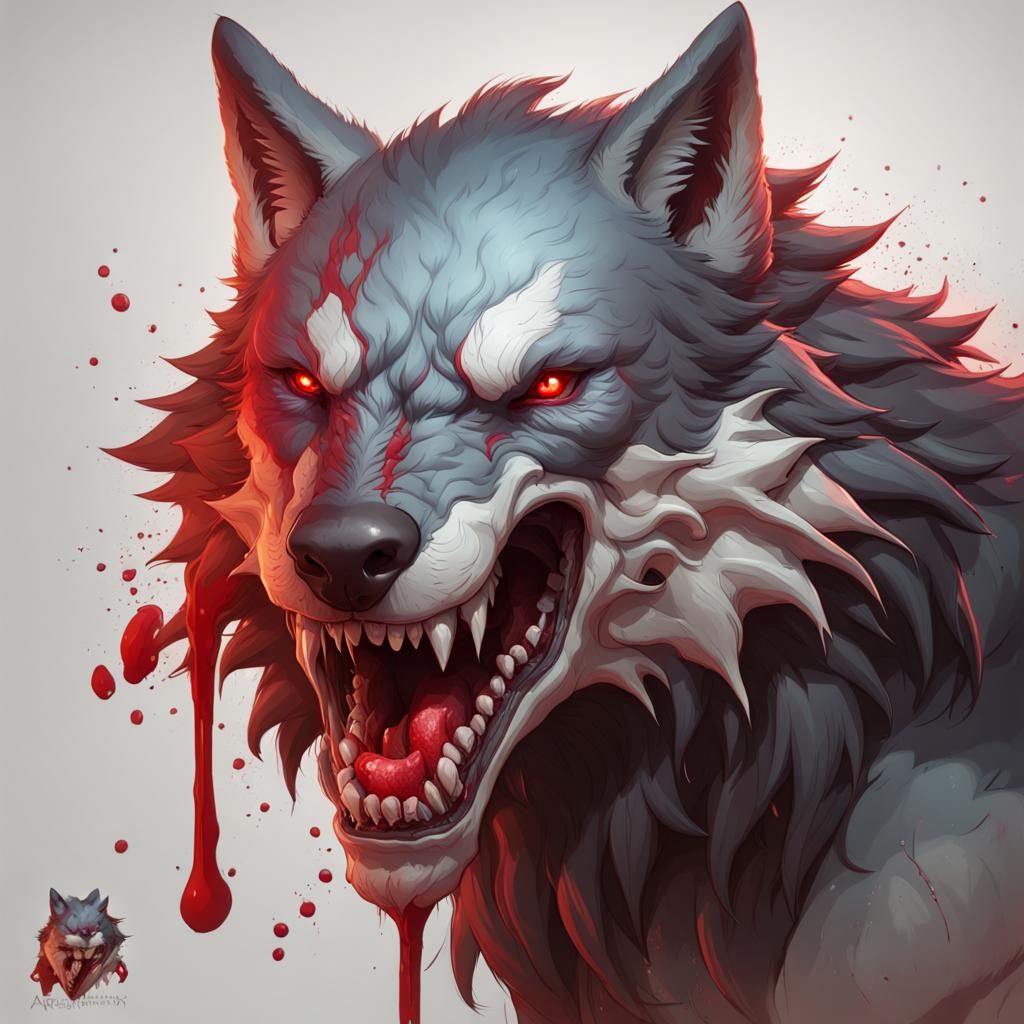 Hyperdetailed Wolf Portrait with Bloody Teeth