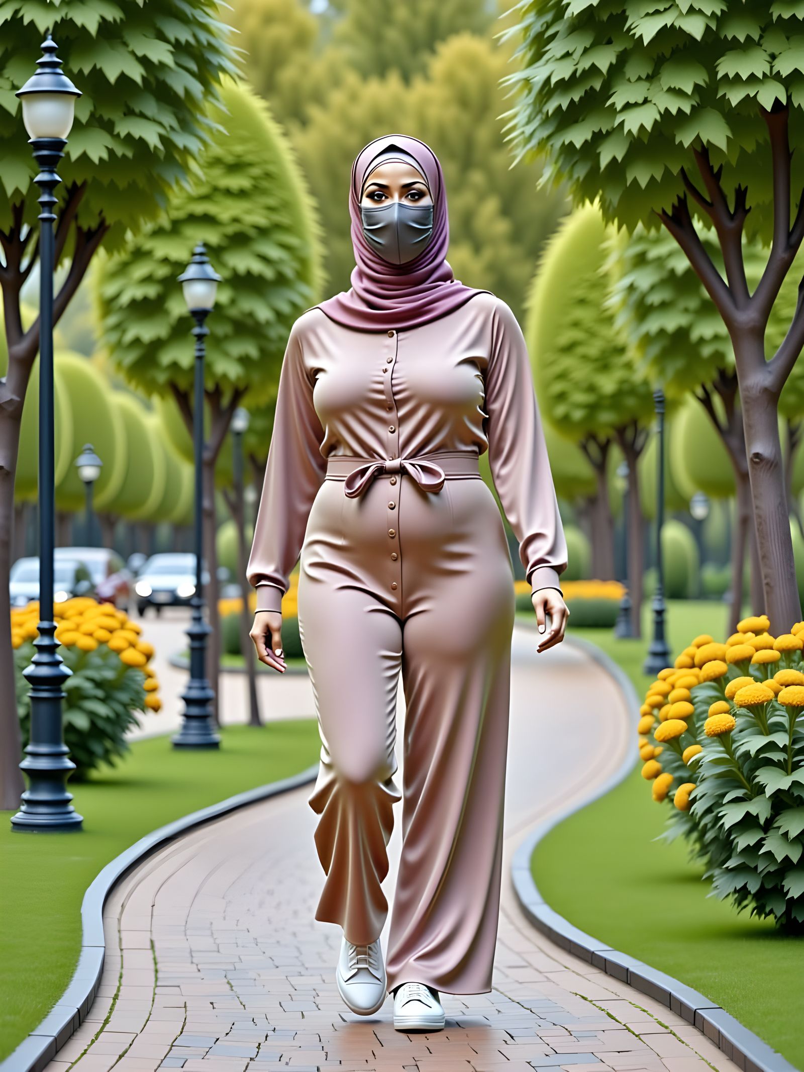 Elegant Hijabi Woman Strolls Through a Serene Park