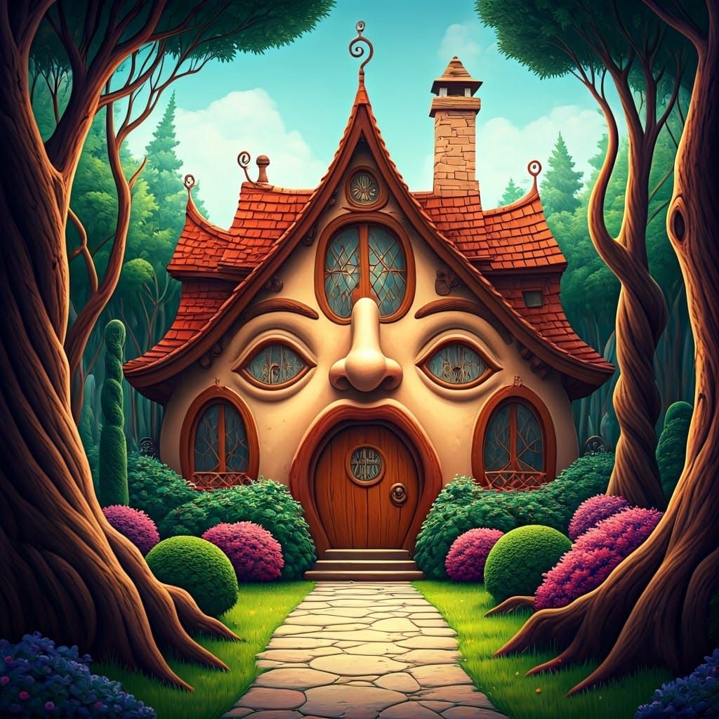 Whimsical Storybook House with Playful Face