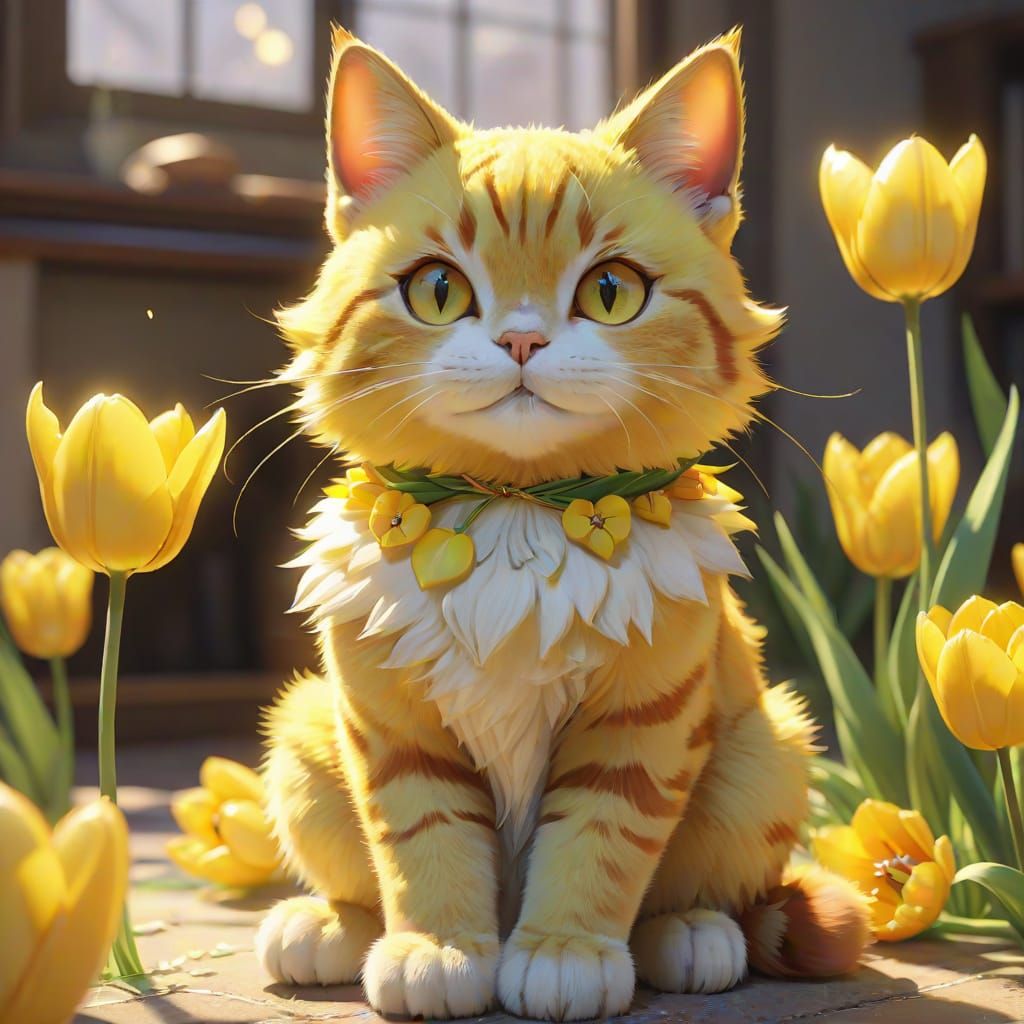 Yellow Tulip Cat in 3D Anime Style