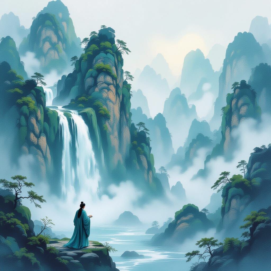 Scholar Contemplating Waterfall in Ink Wash Style