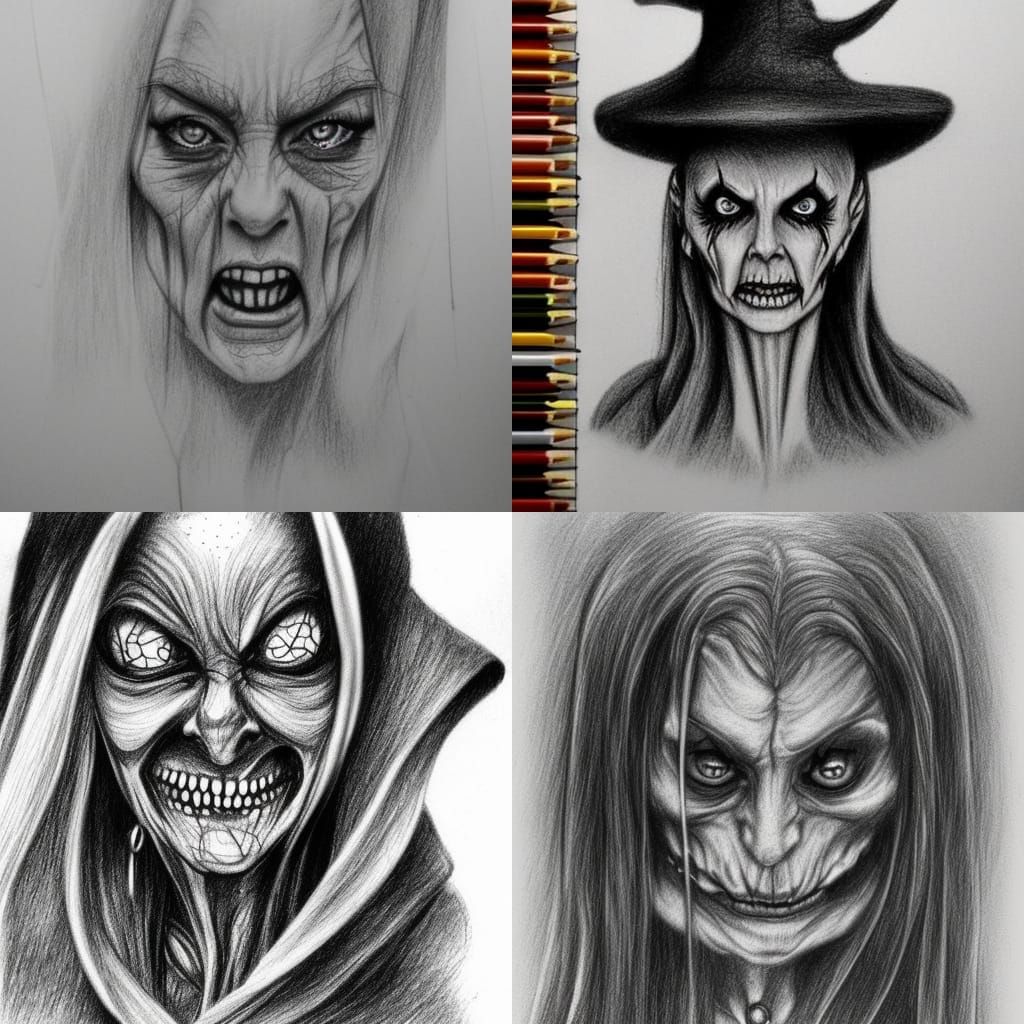 Creepy Pencil Sketch of an Evil Witch
