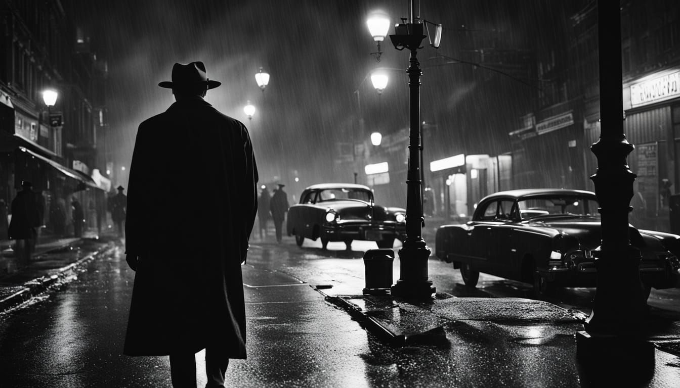 Film Noir Detective in Rainy Cityscape
